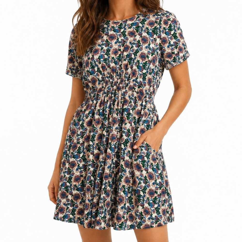 Boden A Line Dress Women 8R Floral Smocked Waist Short Sleeve Boho Festival